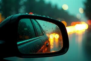 front mirror of car with rain drop water at night photo