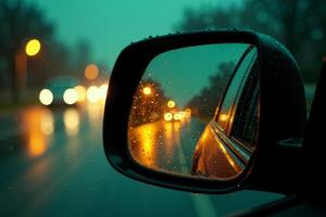 front mirror of car with rain drop water at night photo