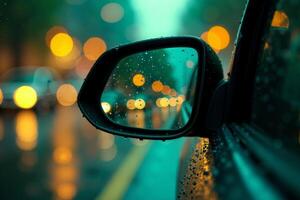 front mirror of car with rain drop water at night photo