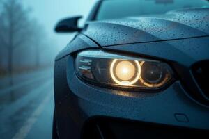 front bumper and car headlight of car with rain drop water at night photo