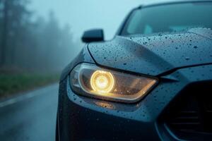 front bumper and car headlight of car with rain drop water at night photo