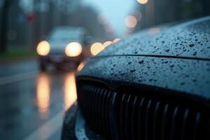 front bumper and car headlight of car with rain drop water at night photo