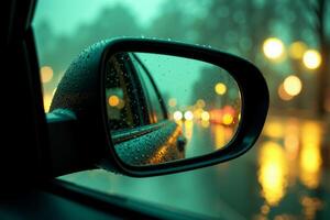 front mirror of car with rain drop water at night photo