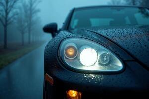 front bumper and car headlight of car with rain drop water at night photo