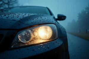 front bumper and car headlight of car with rain drop water at night photo