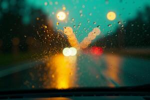 windscreen of car with rain drop water at night photo