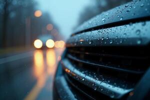 front bumper and car headlight of car with rain drop water at night photo
