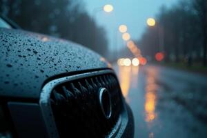 front bumper and car headlight of car with rain drop water at night photo