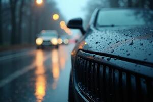 front bumper and car headlight of car with rain drop water at night photo