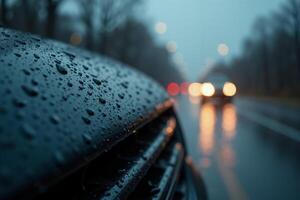 front bumper and car headlight of car with rain drop water at night photo
