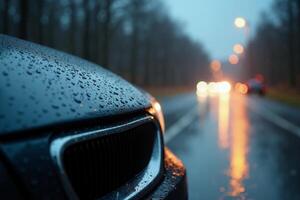 front bumper and car headlight of car with rain drop water at night photo