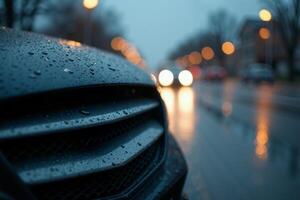 front bumper and car headlight of car with rain drop water at night photo