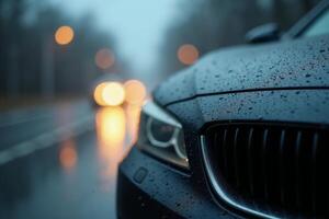 front bumper and car headlight of car with rain drop water at night photo
