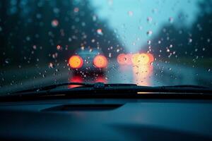 windscreen of car with rain drop water at night photo