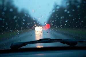 windscreen of car with rain drop water at night photo