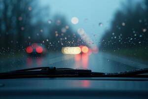 windscreen of car with rain drop water at night photo