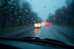 windscreen of car with rain drop water at night photo