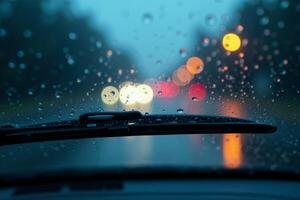 windscreen of car with rain drop water at night photo