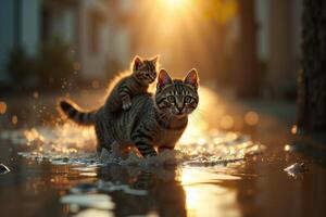 cat with kitten on her back walking through flood photo