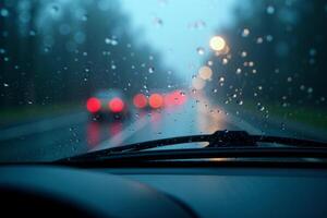 windscreen of car with rain drop water at night photo