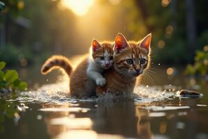 cat with kitten on her back walking through flood photo