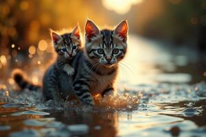cat with kitten on her back walking through flood photo