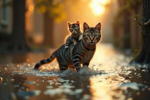 cat with kitten on her back walking through flood photo
