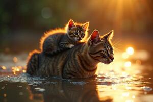 cat with kitten on her back walking through flood photo