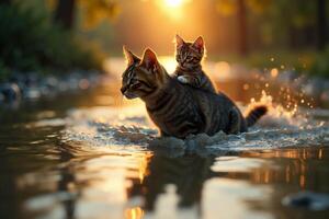 cat with kitten on her back walking through flood photo