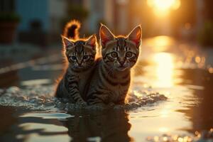 cat with kitten on her back walking through flood photo