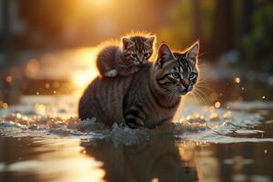 cat with kitten on her back walking through flood photo