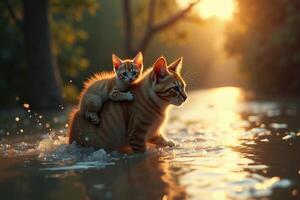 cat with kitten on her back walking through flood photo
