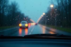 windscreen of car with rain drop water at night photo