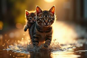 cat with kitten on her back walking through flood photo