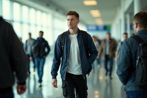 person traveler standing at the airport terminal photo