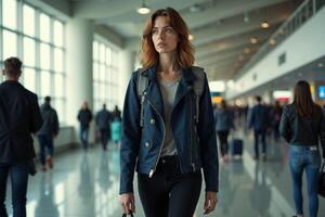 person traveler standing at the airport terminal photo