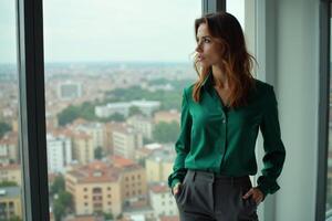 person executive standing and thinking with building tower in background at the office photo