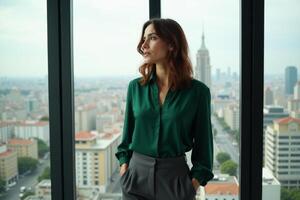person executive standing and thinking with building tower in background at the office photo