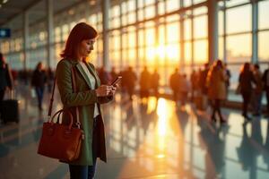 person traveler using mobile phone at the airport terminal photo
