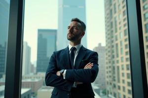 person executive standing and thinking with building tower in background at the office photo