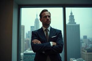person executive standing and thinking with building tower in background at the office photo