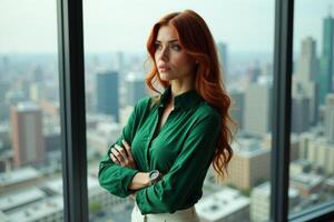 person executive standing and thinking with building tower in background at the office photo