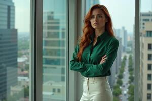 person executive standing and thinking with building tower in background at the office photo