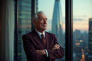 person executive standing and thinking with building tower in background at the office photo