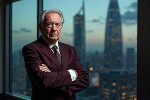 person executive standing and thinking with building tower in background at the office photo