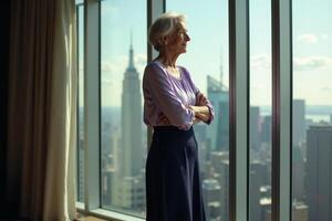 person executive standing and thinking with building tower in background at the office photo