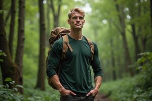 person traveler standing at the deep jungle tree photo