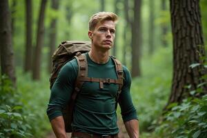 person traveler standing at the deep jungle tree photo