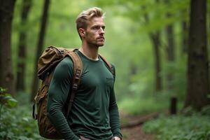 person traveler standing at the deep jungle tree photo