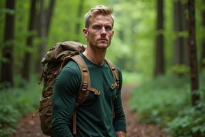 person traveler standing at the deep jungle tree photo
